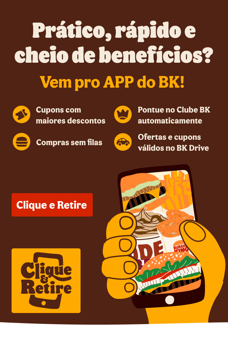 Clube BK: foto de hamburger, batatas, refrigerante e balde de sorvete com moedas ilustradas