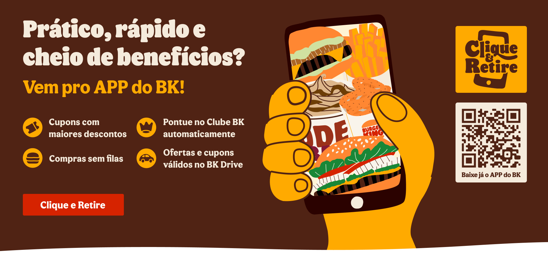 Clube BK: foto de hamburger, batatas, refrigerante e balde de sorvete com moedas ilustradas