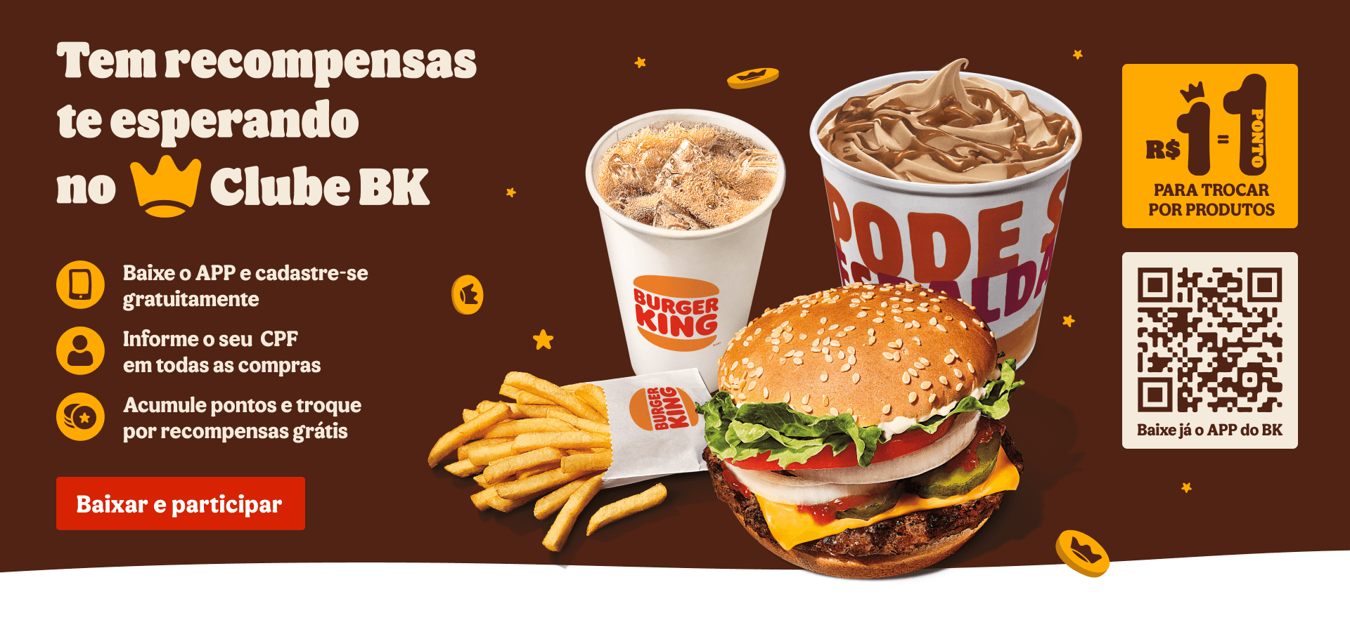 Clube BK: foto de hamburger, batatas, refrigerante e balde de sorvete com moedas ilustradas